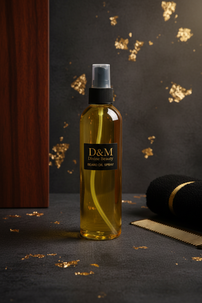 Men's grooming oil spray with masculine background